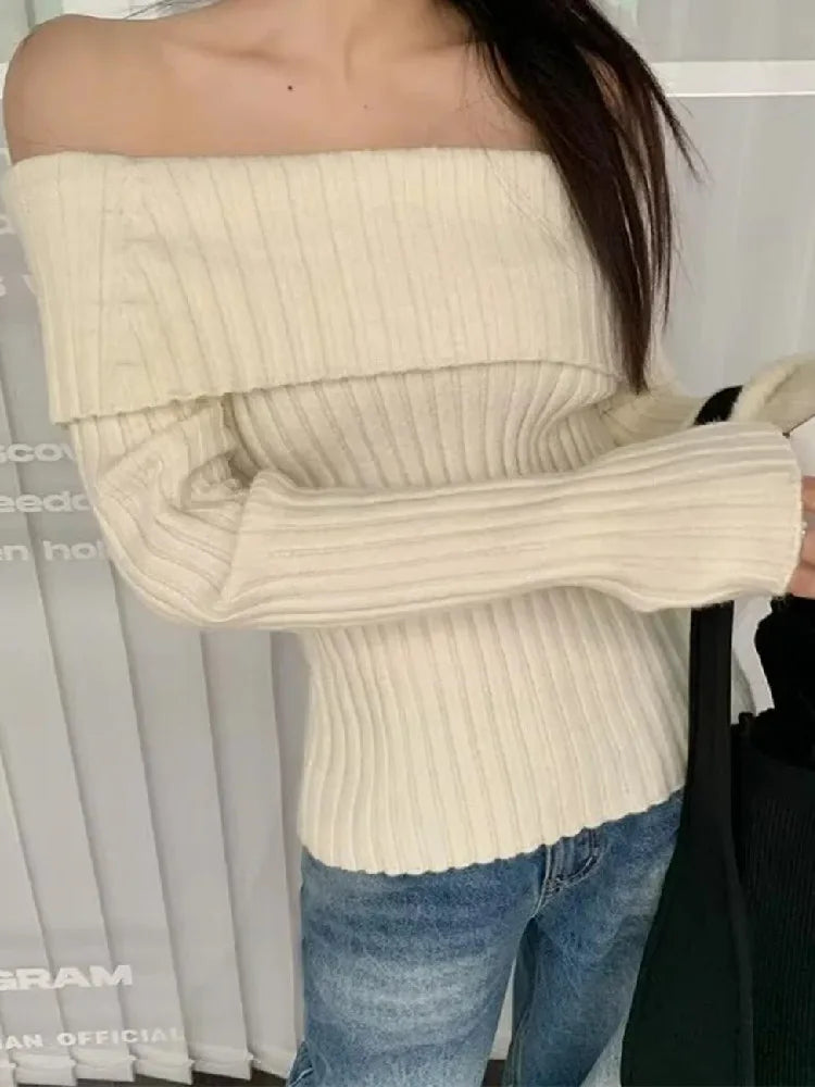 2022 Autumn Winter Solid Color Rib Knitted Off the Shoulder Pullover Sweater Sexy Women Full Sleeve Slim Stretch Knitwear Jumper