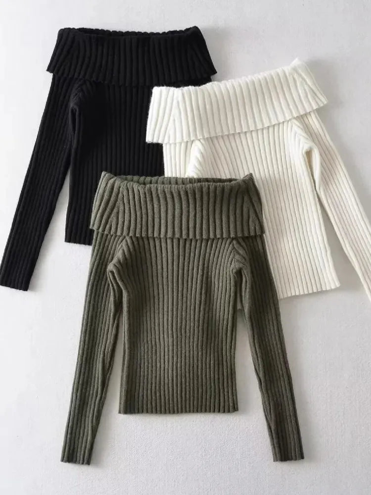 2022 Autumn Winter Solid Color Rib Knitted Off the Shoulder Pullover Sweater Sexy Women Full Sleeve Slim Stretch Knitwear Jumper