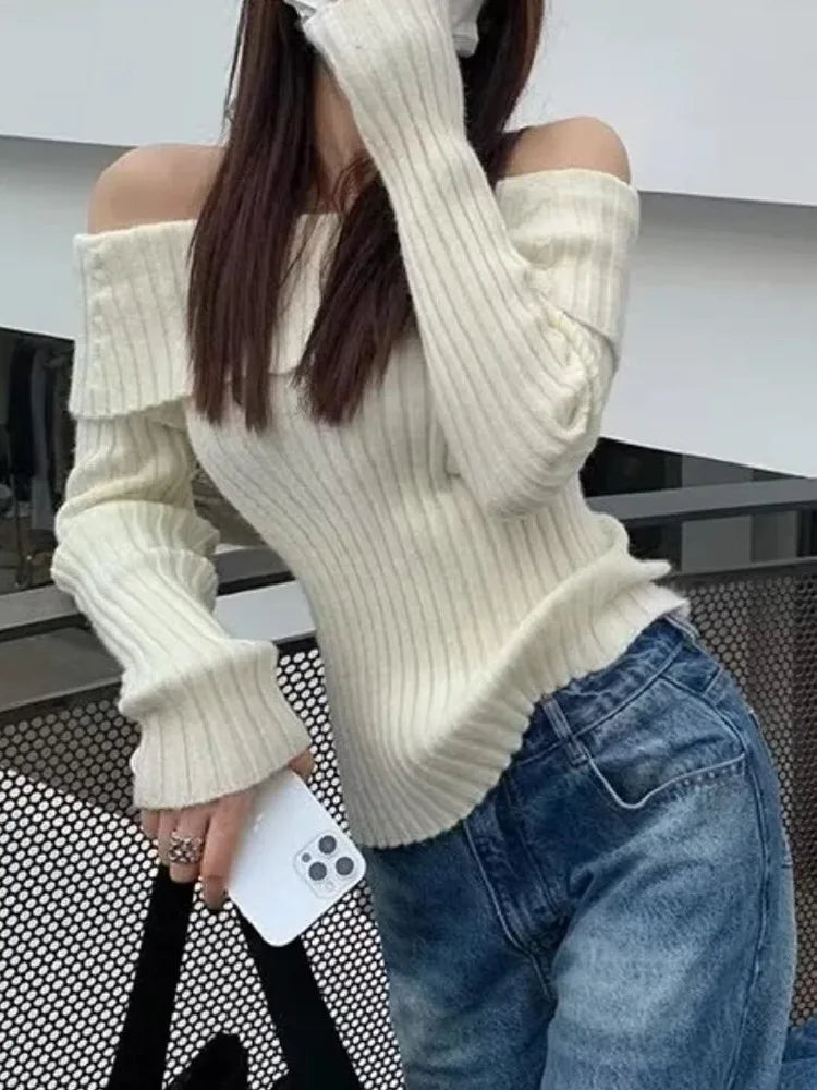 2022 Autumn Winter Solid Color Rib Knitted Off the Shoulder Pullover Sweater Sexy Women Full Sleeve Slim Stretch Knitwear Jumper